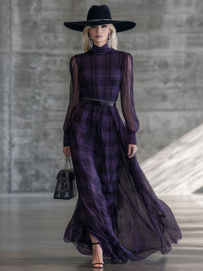 Maxi Robe Vintage en Velours Violet avec Col Roulé et Manches Longues en Organza à Motif Plaid
