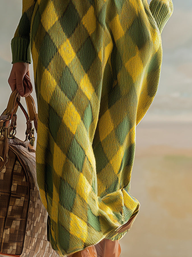 Maxi Robe Tricotée à Carreaux Jaunes et Verts avec Col Rétro Chic