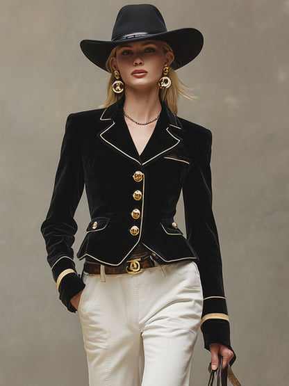 Blazer Noir en Velours à Revers Classique avec Éléments Dorés