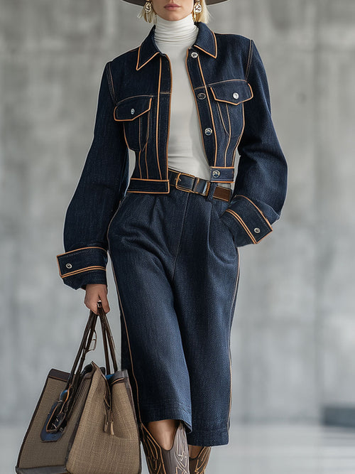 Ensemble Chic en Jean Navy avec Détails Rétro et Pantalon Court
