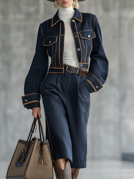 Ensemble Chic en Jean Marine avec Détails Rétro et Pantalon Court