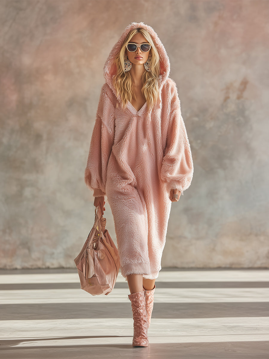 Robe Midi Flanelle Rose : Confort Décontracté avec Capuche et Manches Longues