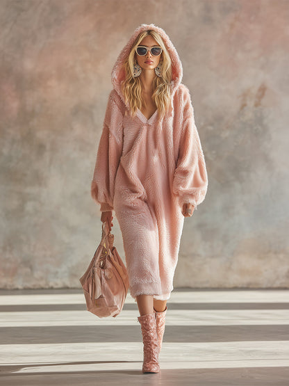 Robe Midi Flanelle Rose : Confort Décontracté avec Capuche et Manches Longues