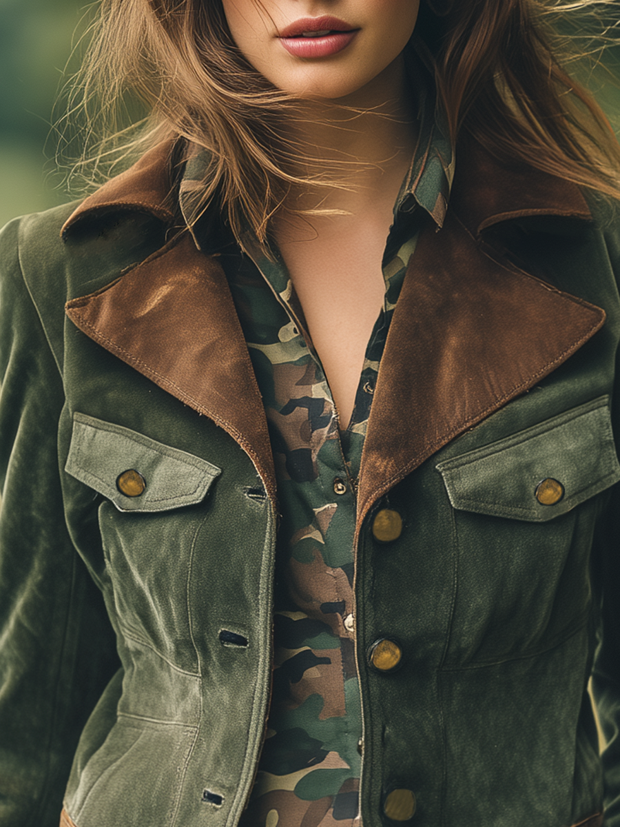 Veste Extérieure en Suède Synthétique avec Couture Contrastée au Style Rétro