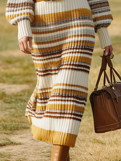 Robe Midi Rayée Tricotée Jaune et Marron avec Fermeture Éclair Mi-Saison