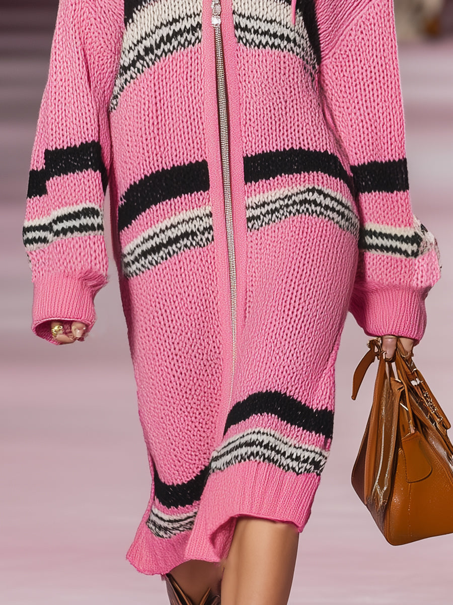 Robe Midi Tricotée Rose à Rayures Noires et Blanches avec Capuche et Zip