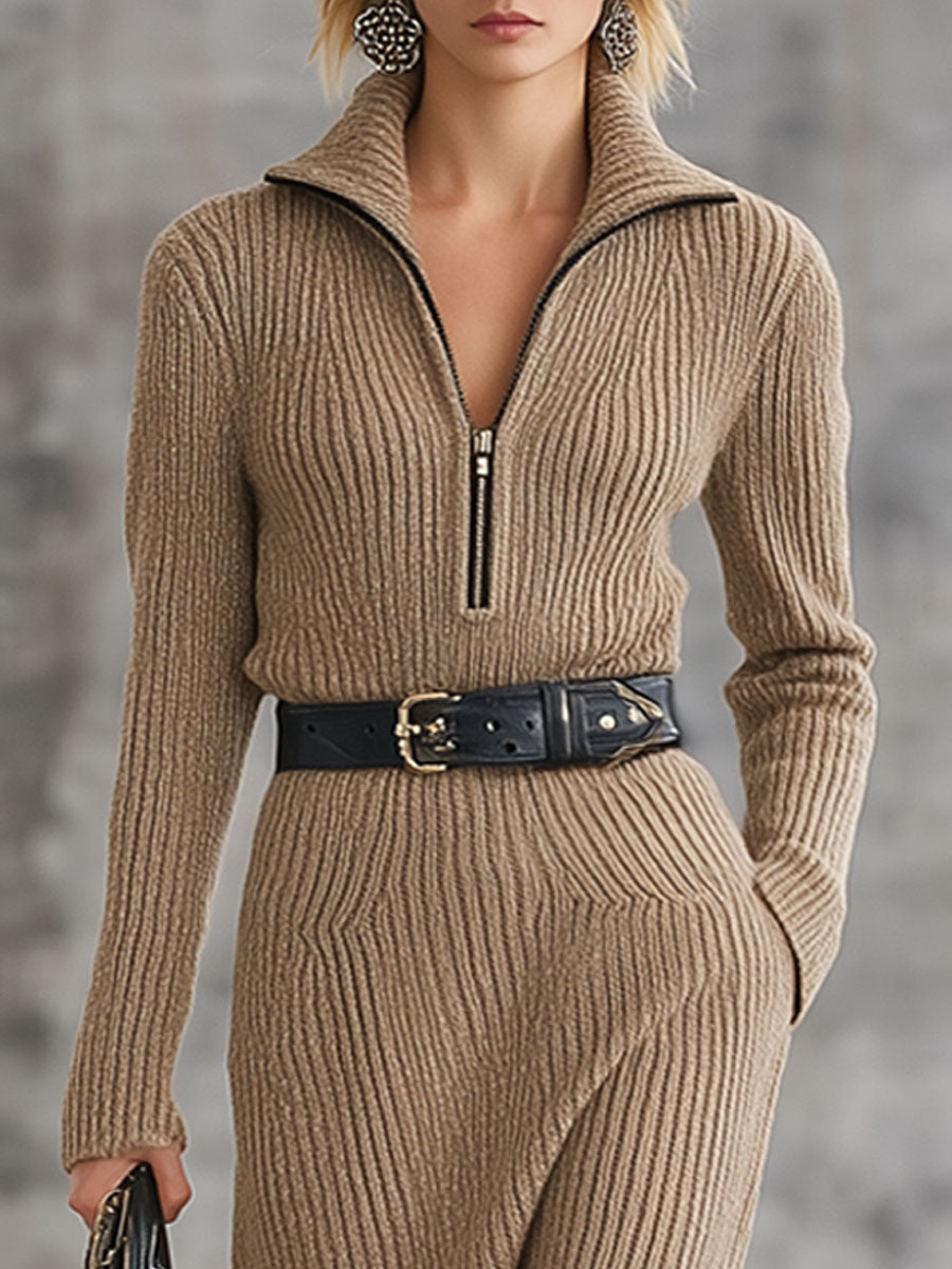 Robe Midi Camel en Tricot avec Détails Lacés Vintage