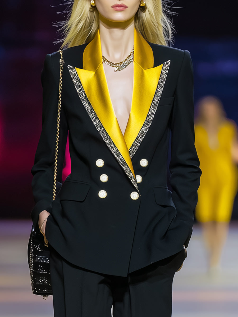 Éblouissant Costume Noir Moderne avec Col Contrasté et Double Boutonnage