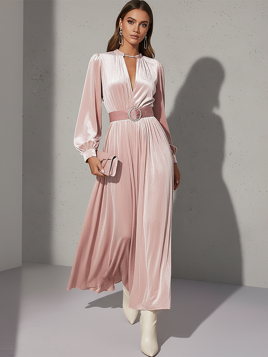 Robe Maxi en Velours Chic Rétro avec Col Rond et Manches Longues