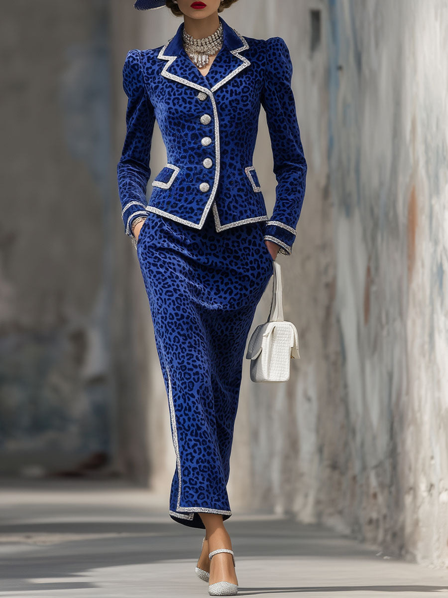 Ensemble Élégant en Velours Léopard avec Jupe à Revers