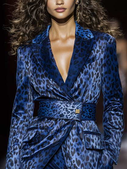 Veste Casual en Satin Imprimé Léopard Bleu Royal