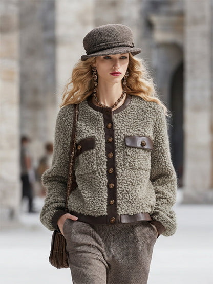 Veste Rétro en Fausse Fourrure avec Détails en Simili Cuir et Col Rond