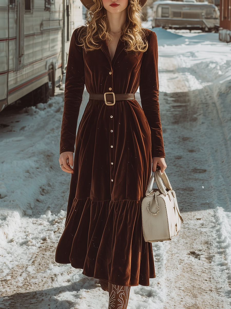 Maxi Robe Plissée en Velours Brun avec Revers Élégants et Détails Boutonnés