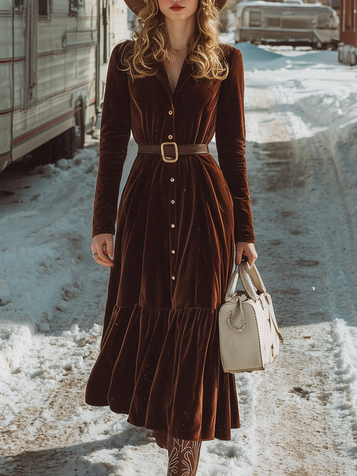 Maxi Robe Plissée en Velours Brun avec Revers Élégants et Détails Boutonnés