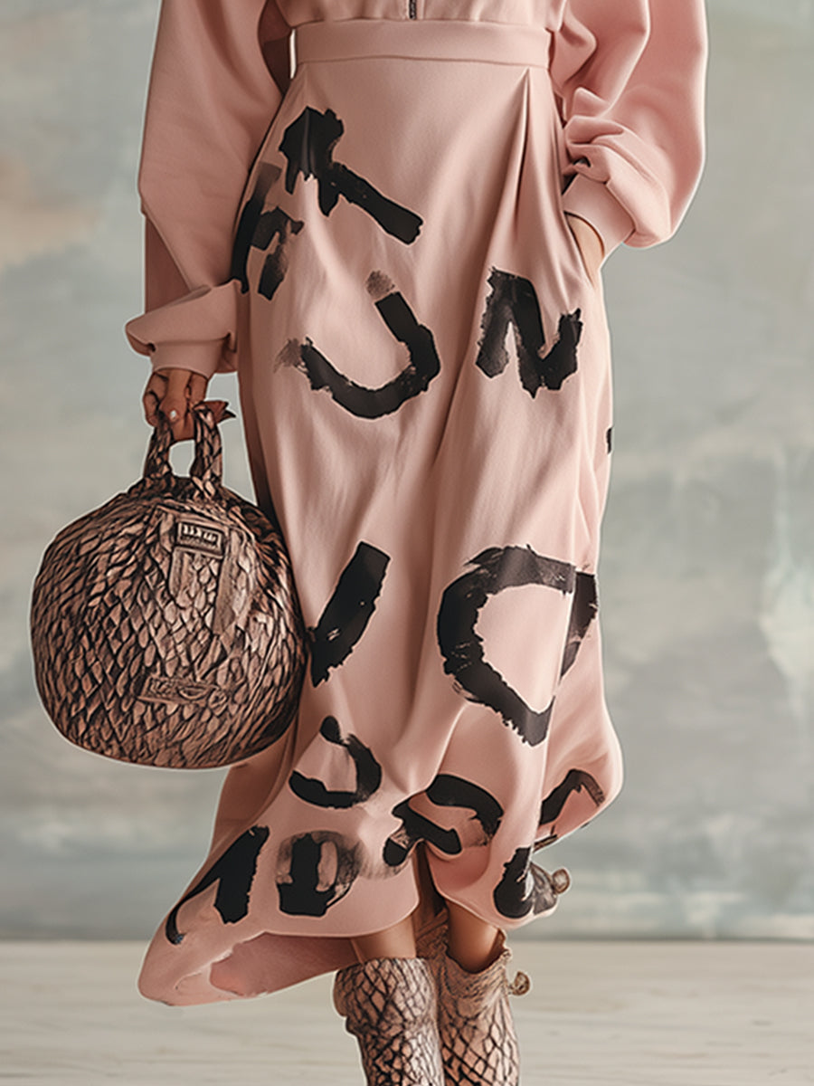 Pull Demi-Zip Rose avec Imprimé Urbain Tendance