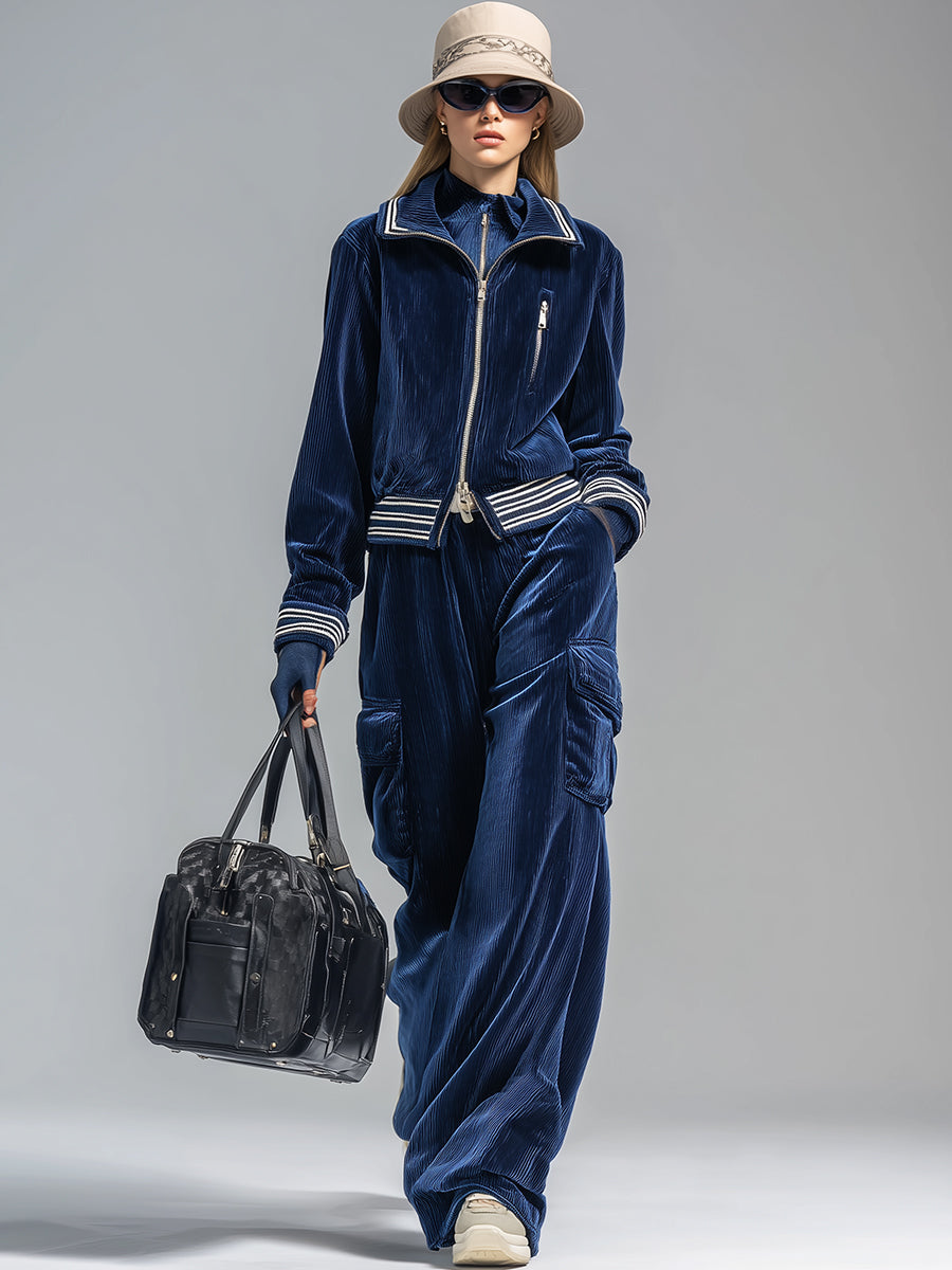 Ensemble Rétro en Cordon Bleu Foncé : Veste et Pantalon Chic