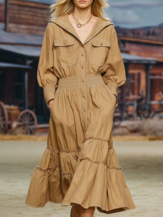 Robe Midi Kaki à Manches Longues avec Détails Volants Rétro