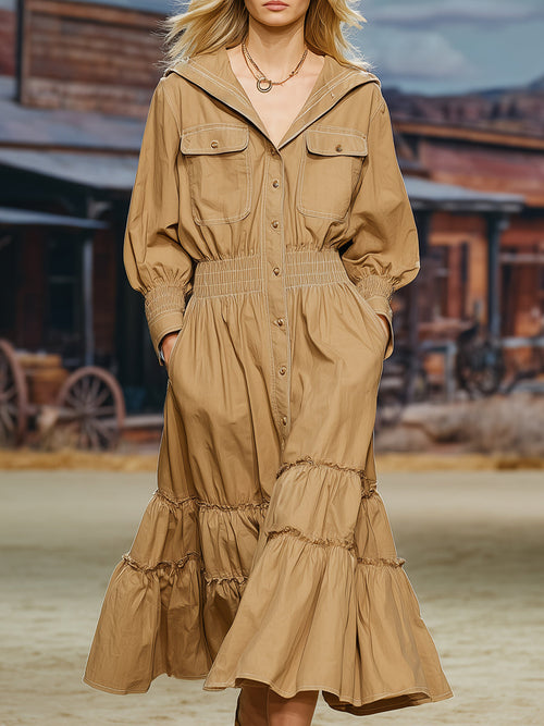 Robe Midi Kaki à Manches Longues avec Volants au Style Rétro