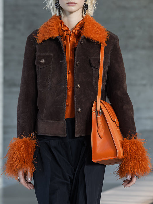 Veste en Suède Marron avec Col en Fourrure Synthétique Orange - Élégance et Style Haut de Gamme