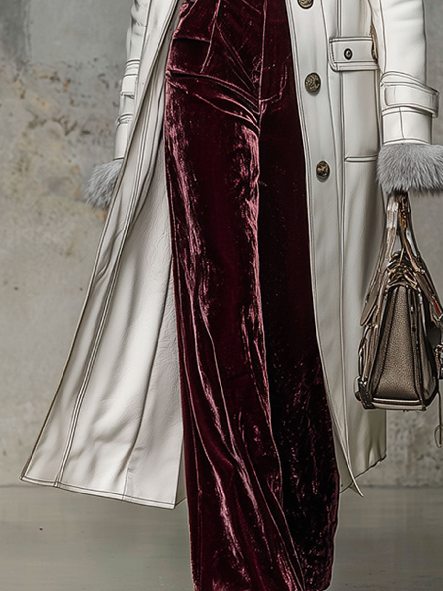 Veste Longue en Similicuir Blanc avec Col en Fourrure Synthétique au Style Rétro