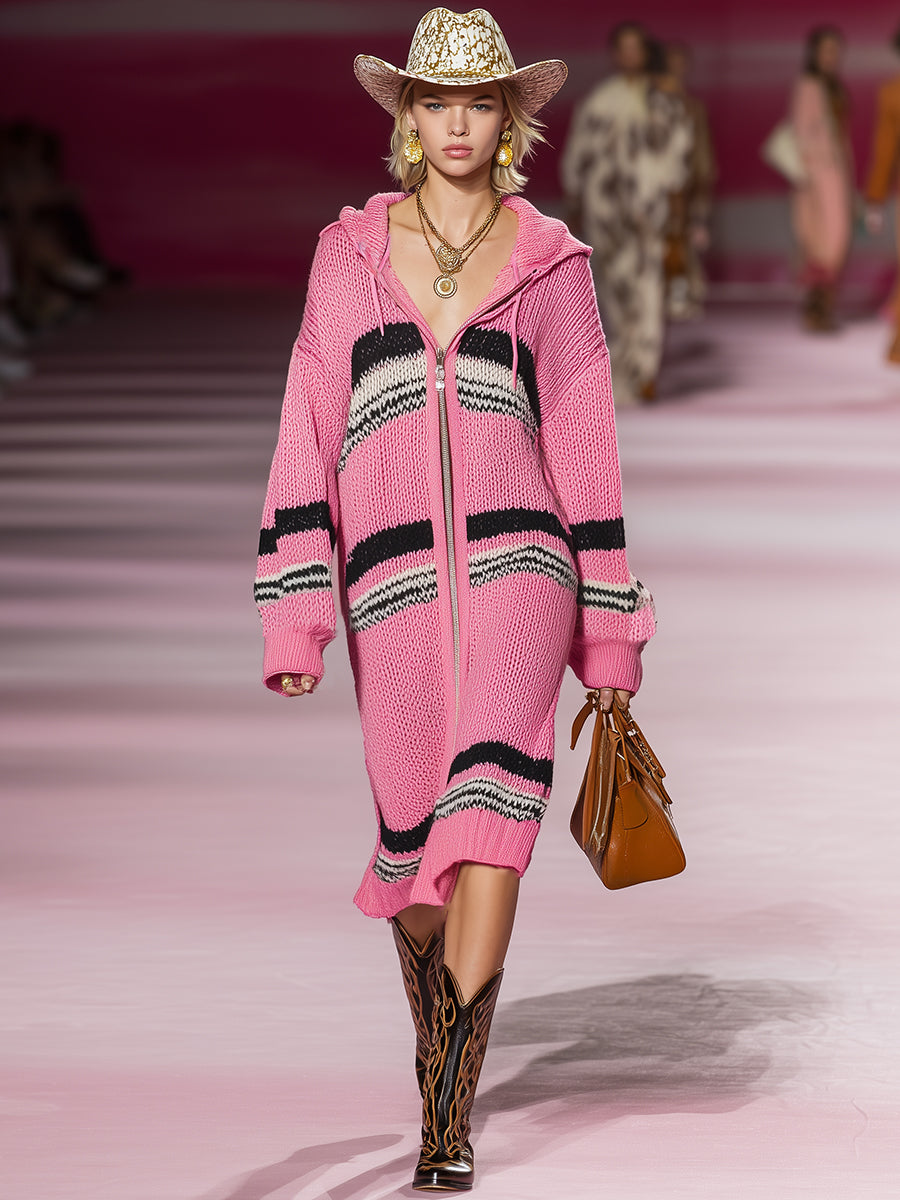 Robe Midi Tricotée Rose à Rayures Noires et Blanches avec Capuche et Zip