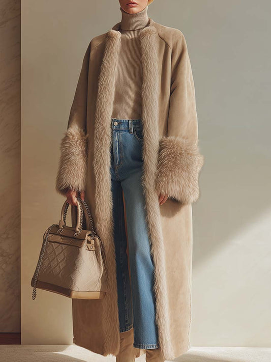 Longue Manteau en Fausse Suède avec Élégante Bordure en Fausse Fourrure - Luxe Abricot Doublé en Polaire