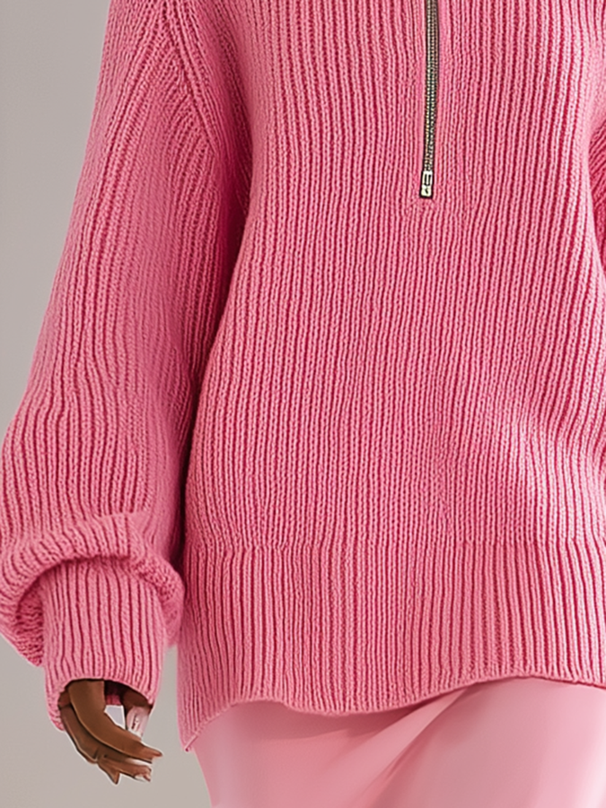 Pull Chic à Col Zippé Montant et Manches Longues