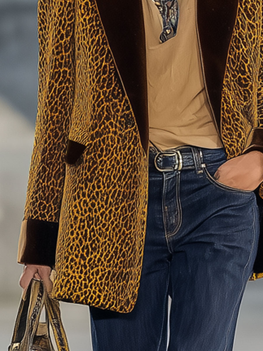 Veste en velours décontractée avec imprimé léopard doré vintage