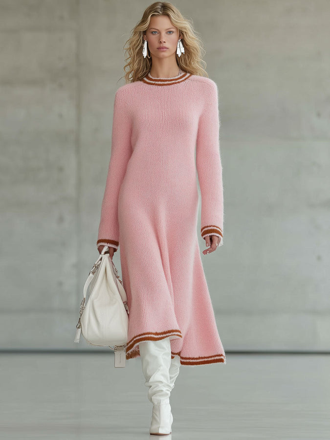 Robe Midi A-Ligne Tricotée Rose au Bord Brun Vintage