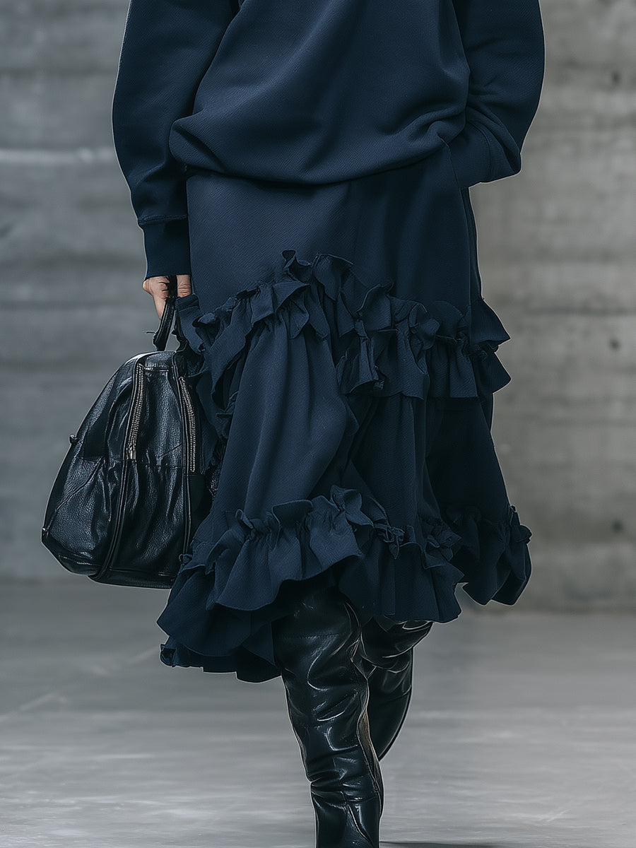 Ensemble Sportif Élégant : Sweatshirt à Revers et Jupe Volante Bleu Foncé