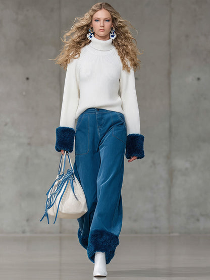 Jean Vintage Décontracté Bleu à Jambes Roulées en Polaire