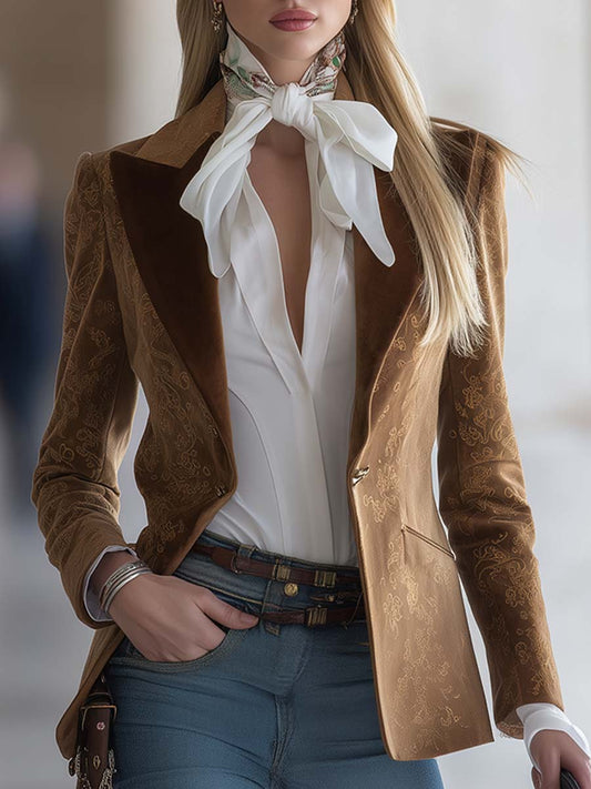 Blazer Vintage Western en Suédine Marron à Motifs