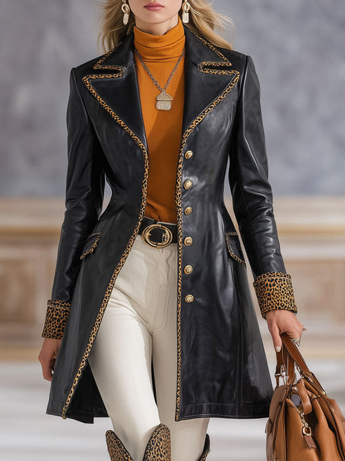 Veste en simili cuir à motif léopard avec col revers