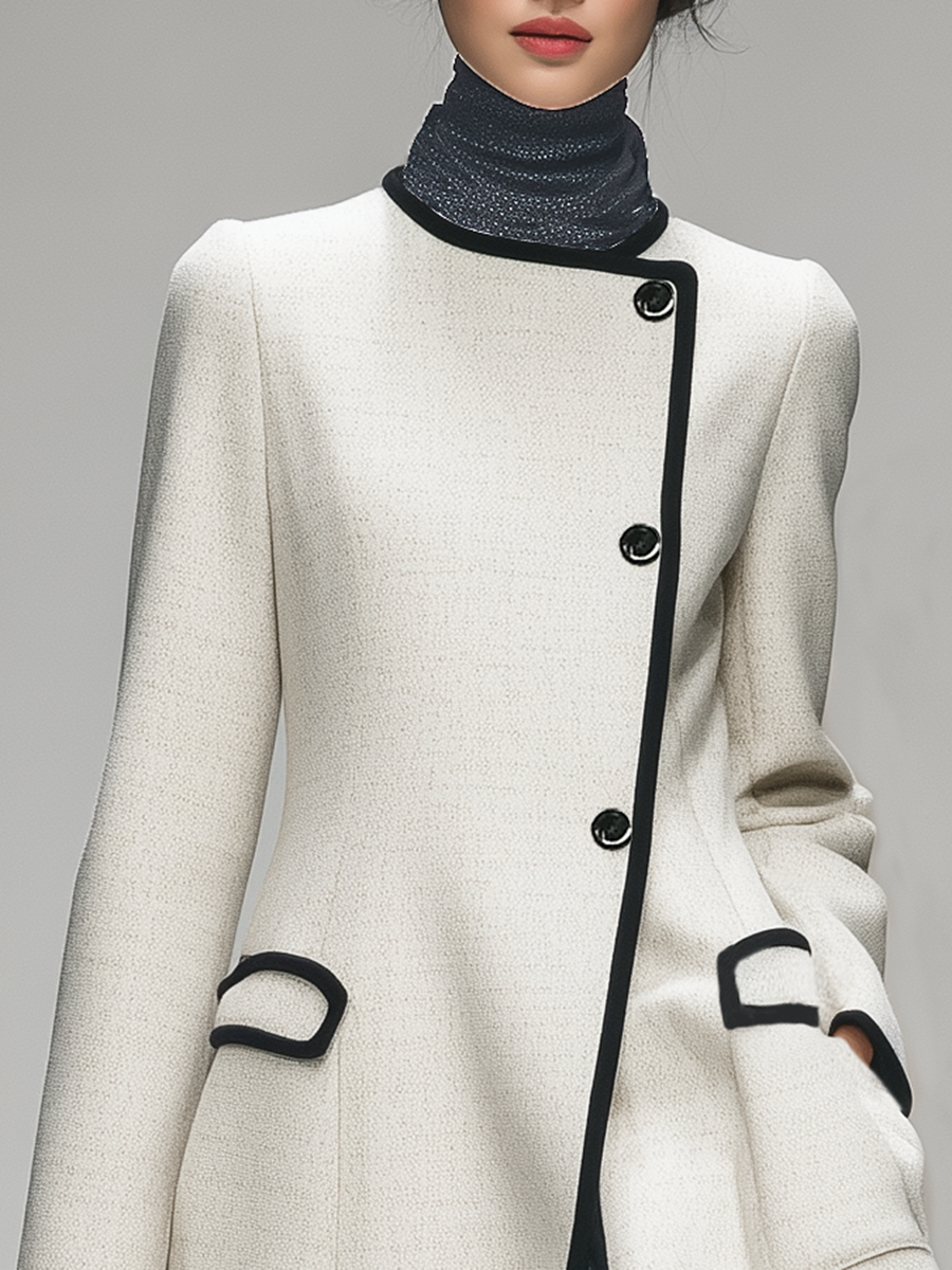 Veste Rétro Élégante à Col Rond et Manches Longues avec Détails Contrastés