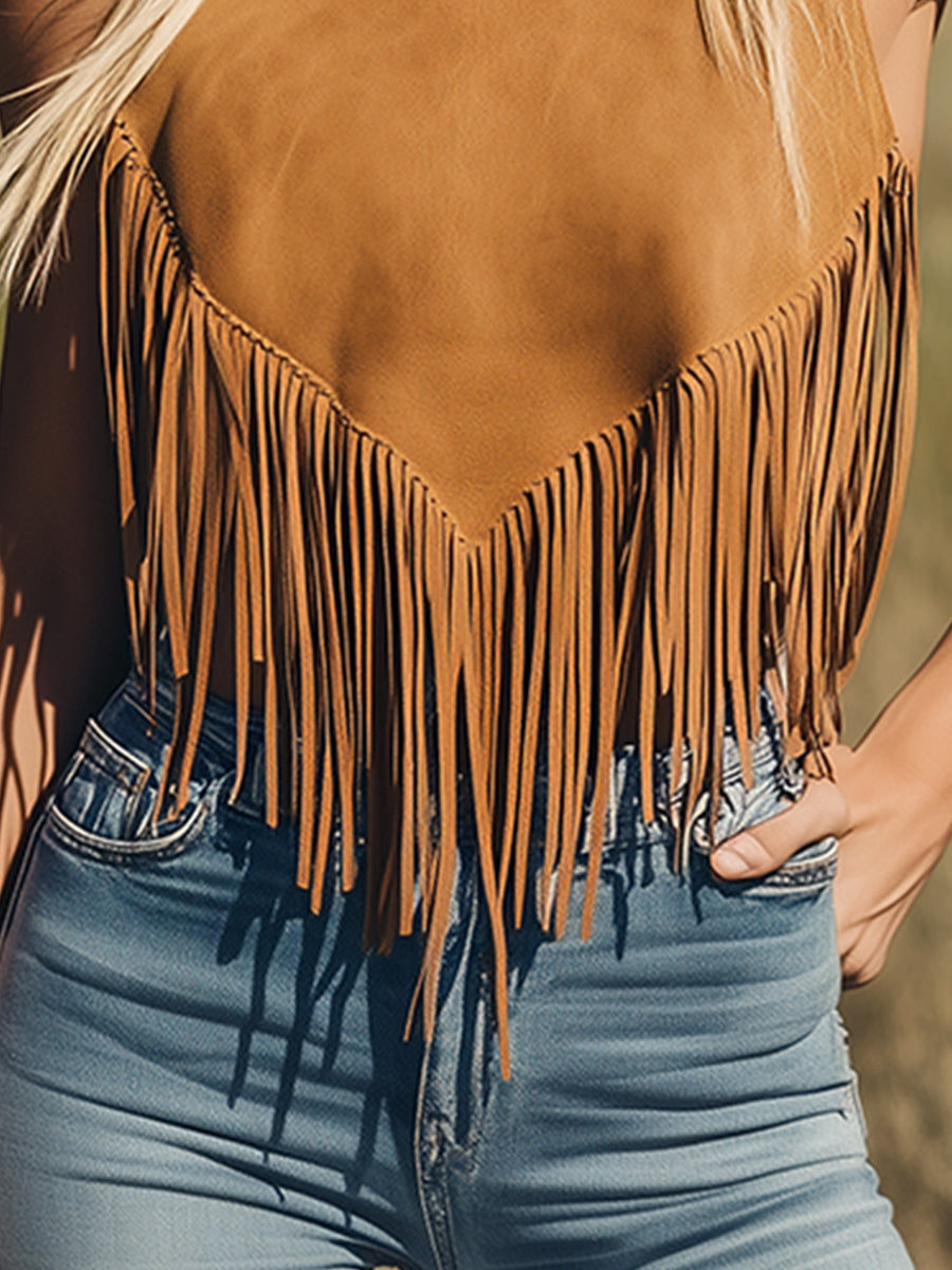 【Expédition sous 24 heures】Débardeur en suède caramel vintage avec franges - Élégance intemporelle