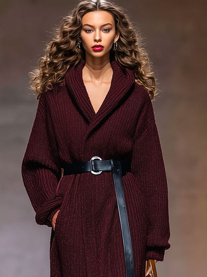 Veste Tricotée à Capuche avec Ceinture et Coupe Légèrement Ample