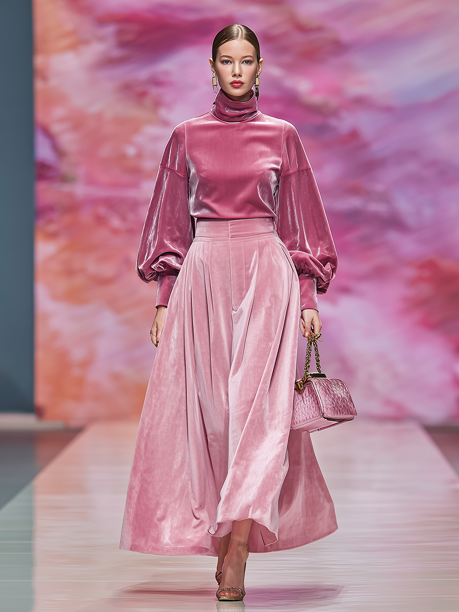 Élégant Ensemble Velours : T-shirt à Col Montant à Manches Longues et Jupe Coordonnée