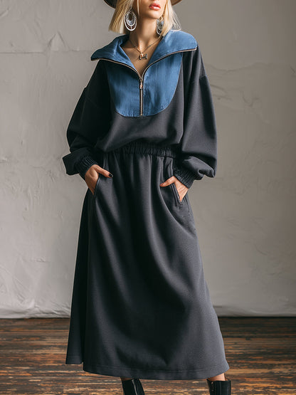 Robe Maxi en Sweat à Demi-Zip avec Col en Jean - Gris Foncé