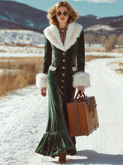 Robe Maxi Vintage en Velours Vert Émeraude avec Col en Fourrure Synthétique et Détails Volants