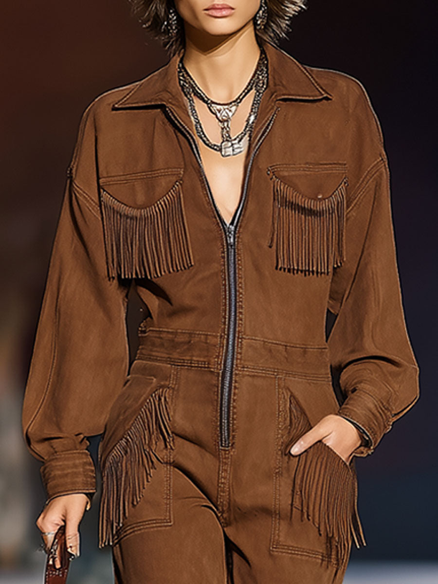 Salopette Longue en Denim Caramel Rétro avec Poches à Franges