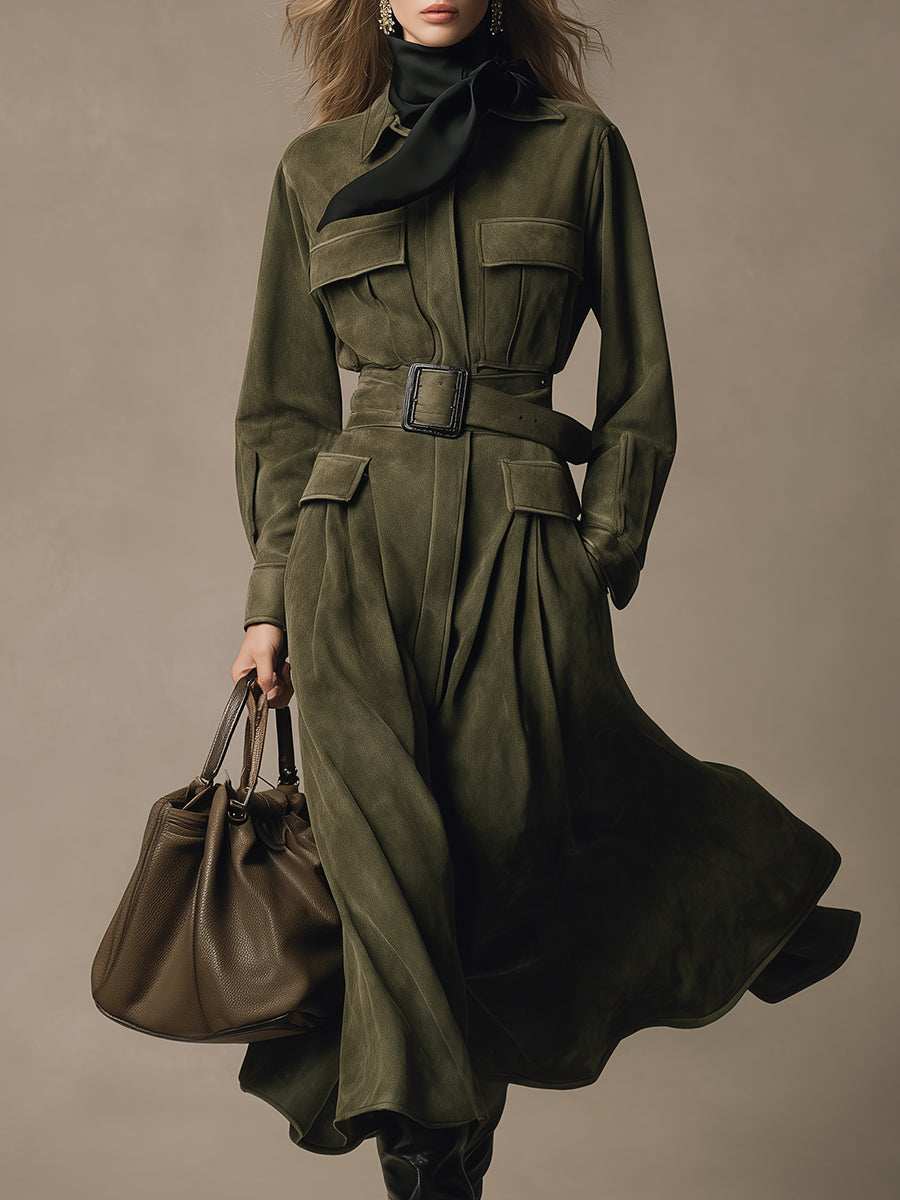 Robe Midi en Suédine Verte au Charme Western Rétro