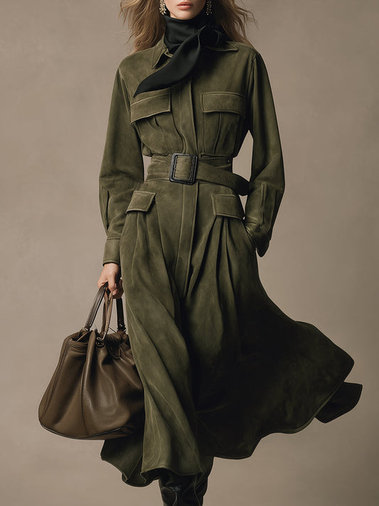 Robe Midi en Suédine Verte au Charme Western Rétro