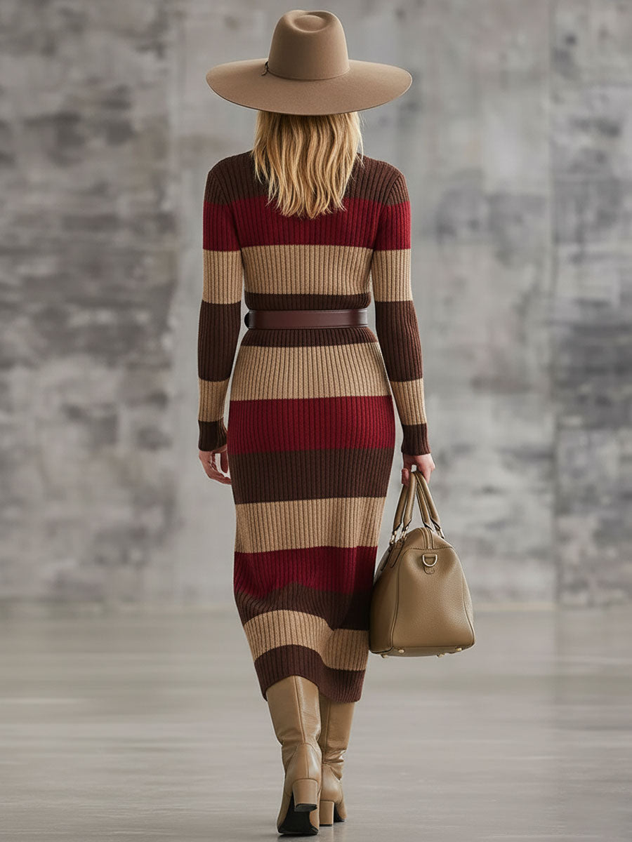 Robe Midi Tricotée à Rayures Rouge et Brun avec Demi-Zip Chic