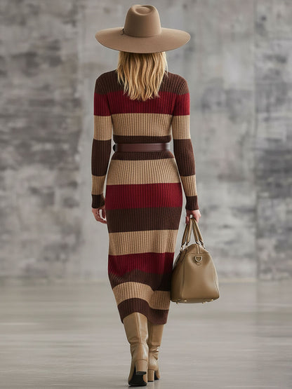 Robe Midi Tricotée à Rayures Rouge et Brun avec Demi-Zip Chic