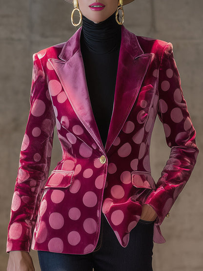 Chic Blazer en Velours à Pois : Élégance Rétro avec un Bouton