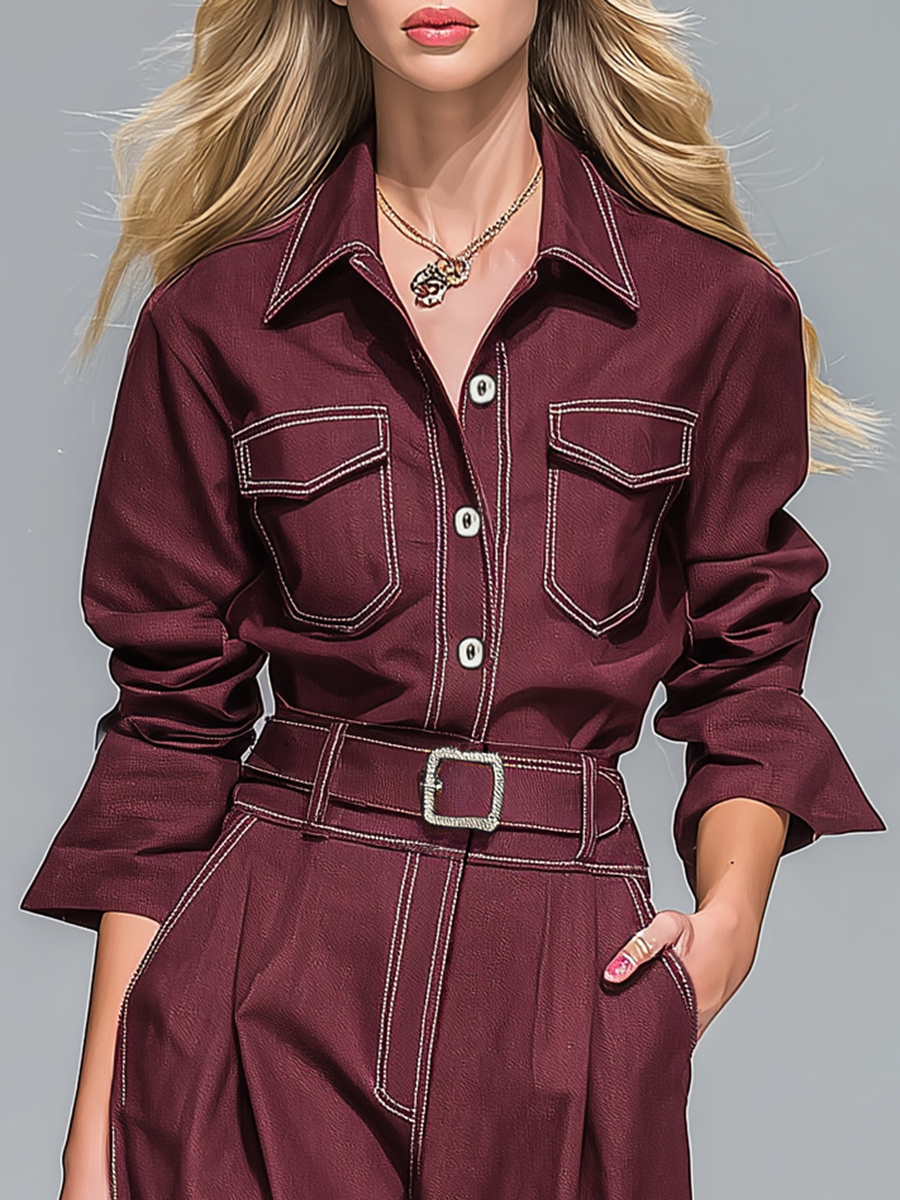 Ensemble Vintage : Chemise à Revers et Pantalon à Couture Contrastée