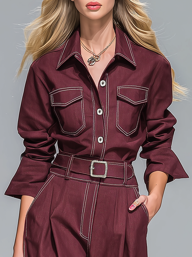 Ensemble Vintage : Chemise à Revers et Pantalon à Couture Contrastée