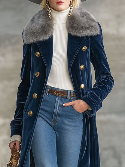 Longue Manteau en Velours Bleu Marine avec Col en Fourrure Vintage