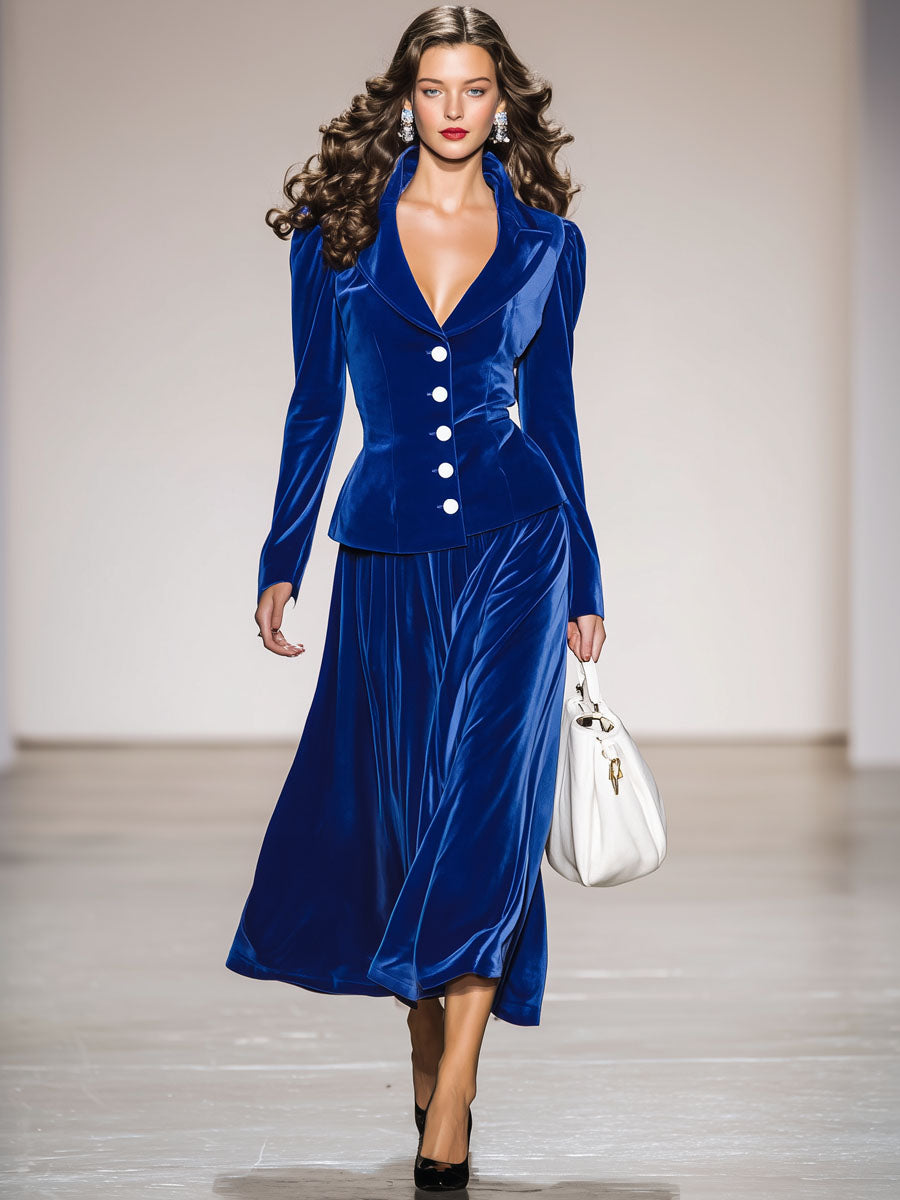 Ensemble Élégant en Velours Bleu Royal avec Col Chic et Boutons Distinctifs