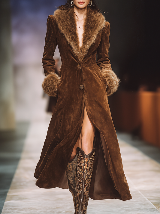 Veste Vintage en Suède avec Col en Fourrure Synthétique Chic pour les Sorties